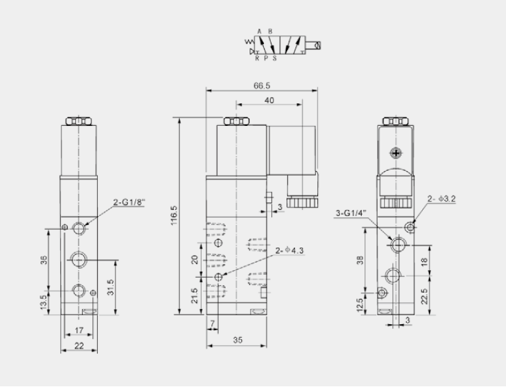 4V200系列二位五通單電控電磁閥結(jié)構(gòu)尺寸圖